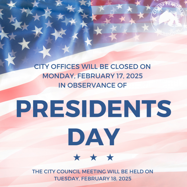 City Offices will be closed on Monday, February 17th in observance of Presidents Day. The regularly scheduled City Council Meeting will instead be held on Tuesday, February 18th.
As always, emergency services can be reached by dialing 9-1-1. City Offices will be open again on Tuesday, February 18th for regular business hours.